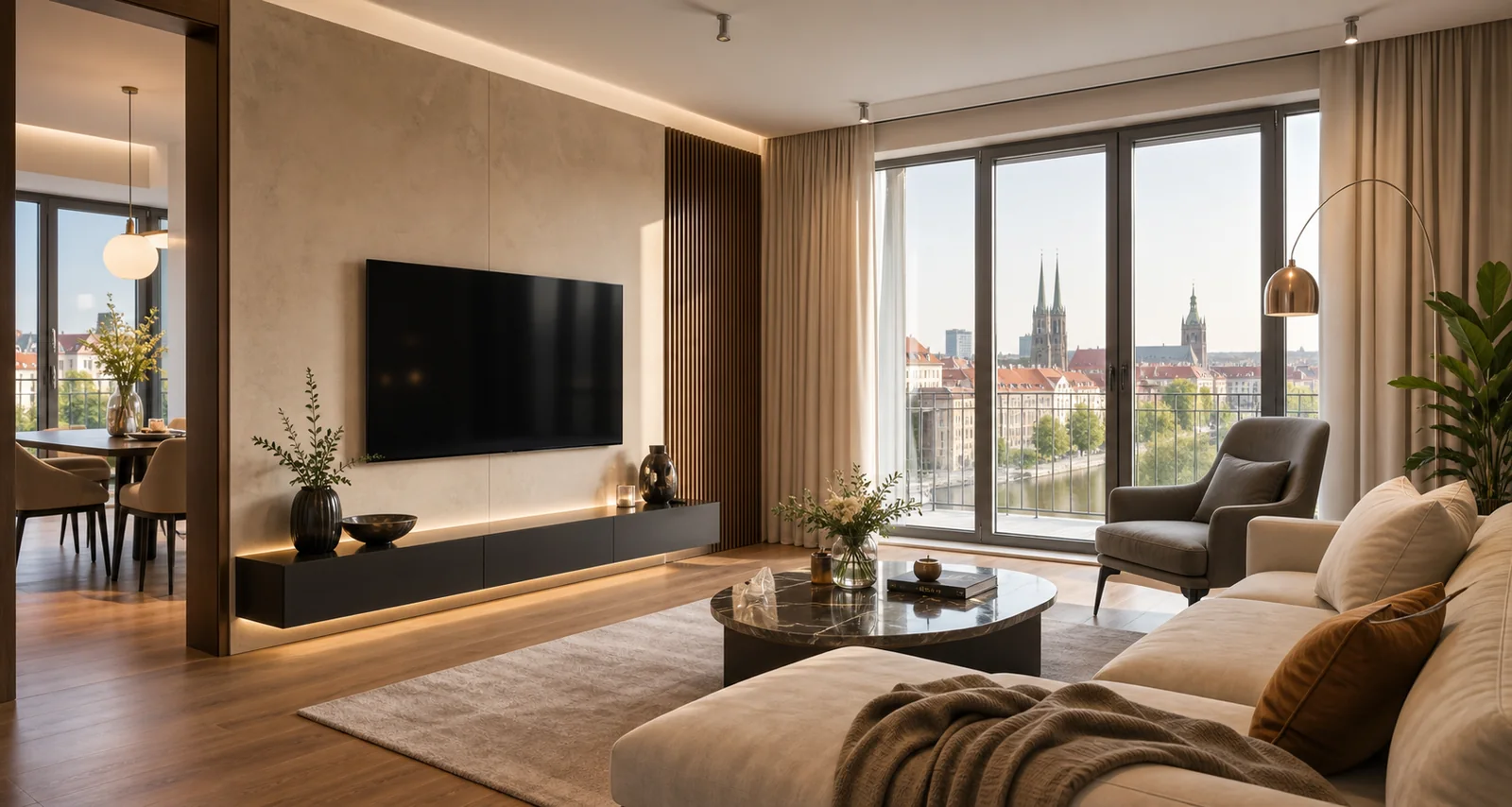 Wizualizacja koncepcyjna jasnego, wykończonego wnętrza miejskiego apartamentu - kierunek Optimal Pro Home