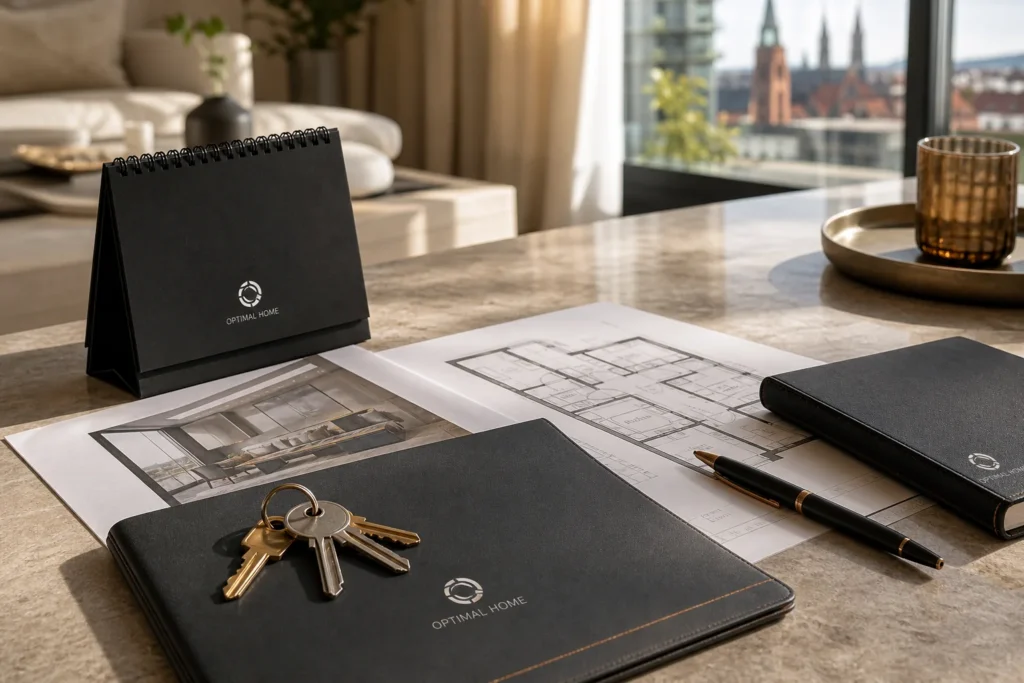 Materiały Optimal Home, klucze i plan mieszkania przygotowane do prezentacji nieruchomości we Wrocławiu